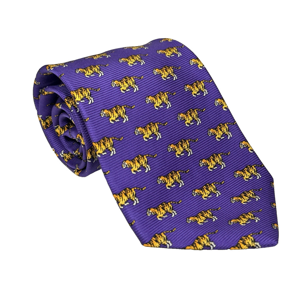 Southern Proper Necktie 56-1/2"x 3-5/8" Purple w Bengal Tiger LSU Silk Tie EUC